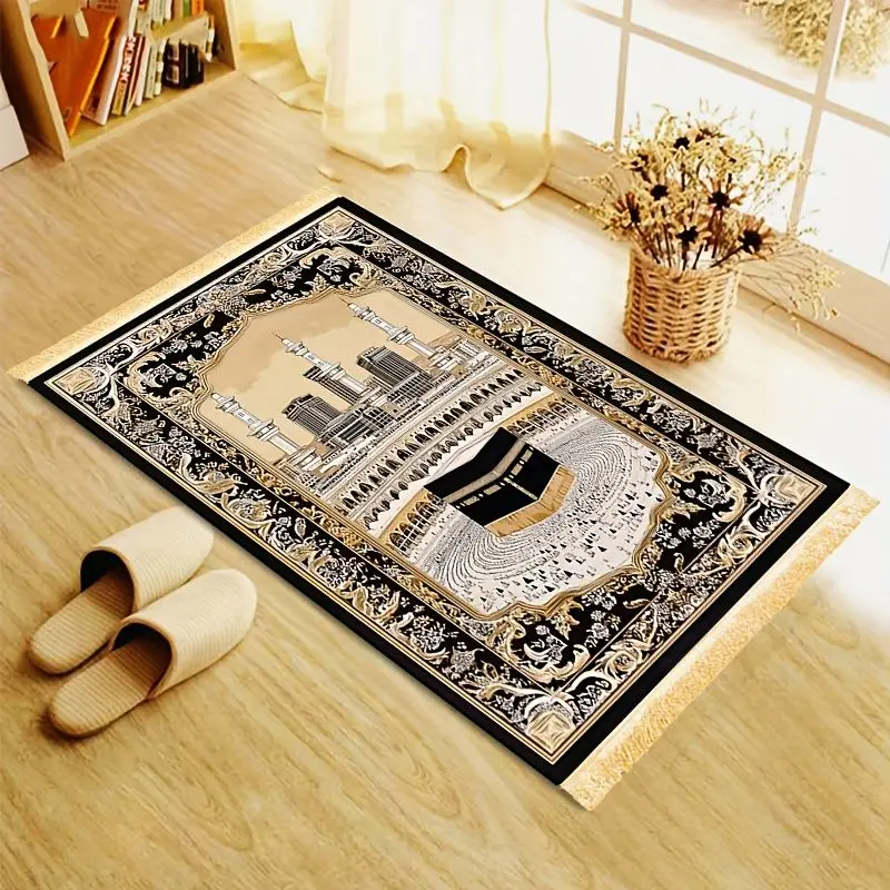 VIKAMA Black Gold Mecca Sky House Worship Blanket Wear resistant Easy to Worship Kneeling Worship Mosque Pilgrimage Prayer Mat