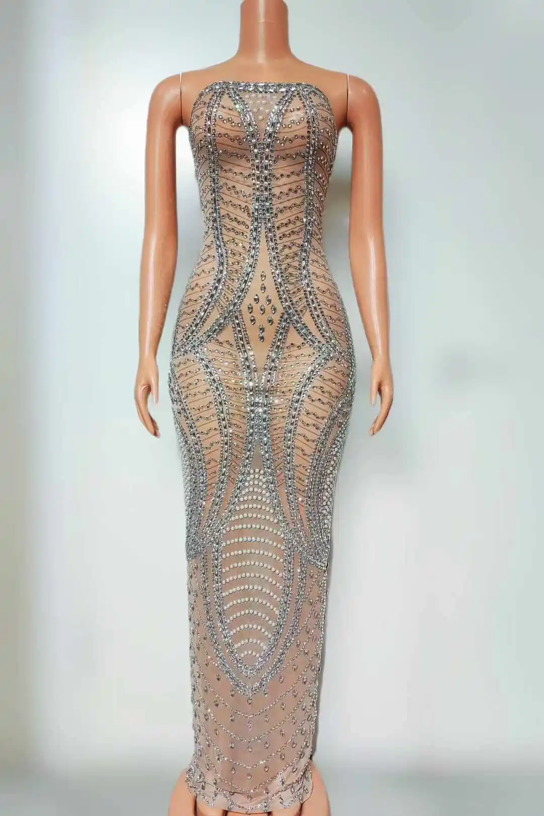 Bez rękawów, bez pleców, damska, brokatowa, długa sukienka z kryształkami, przyjęcie urodzinowe, wieczorowy strój na studniówkę