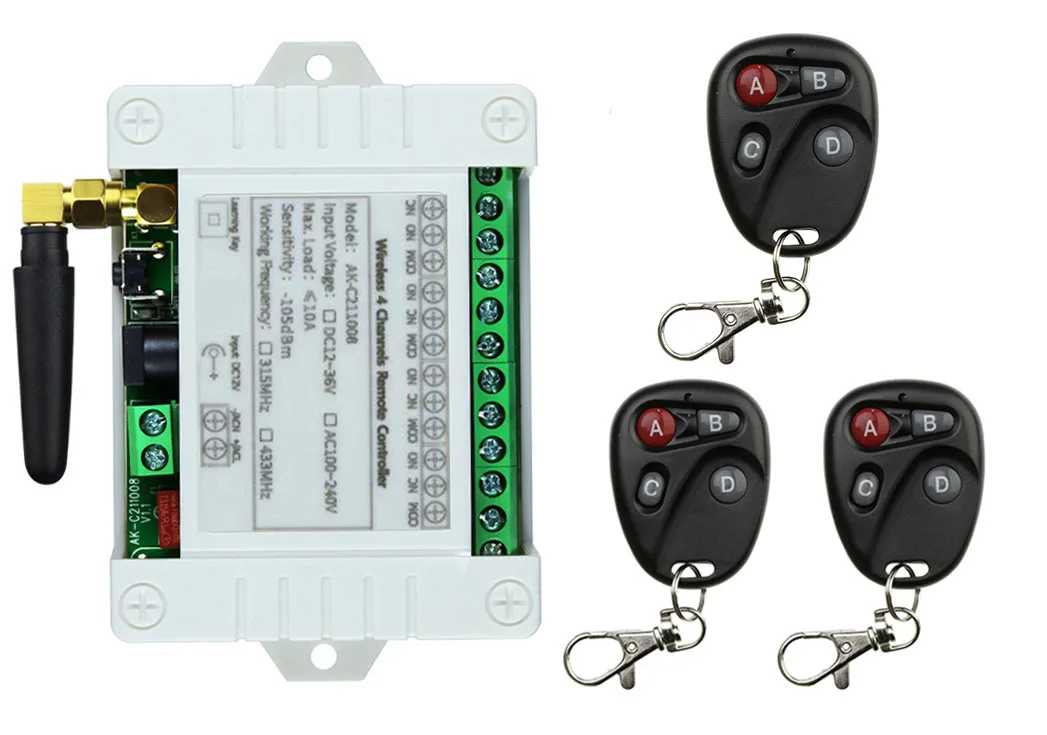 DC 12V 24V 36V 4CH interruptor de luz de Control remoto inalámbrico RF 10A salida de relé módulo receptor de Radio controlador de interruptor puertas de garaje