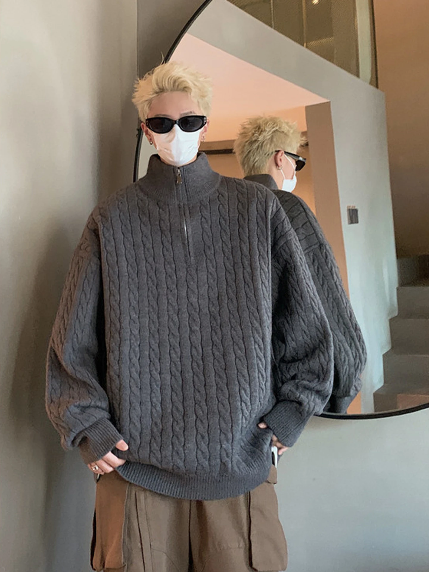 

Модный американский свободный повседневный мужской вязаный свитер на молнии, осенне-зимний, теплый, утолщенный, базовый слой, с узором «косы»