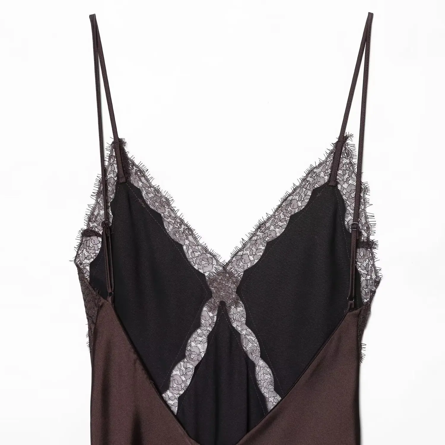 NINE ZAR Damen Langes Midi Dr Spitzendetail Patchwork Seidensatin Gefühl Trägerkleid Lässiger A-Linienrock Sle Herbstsaison