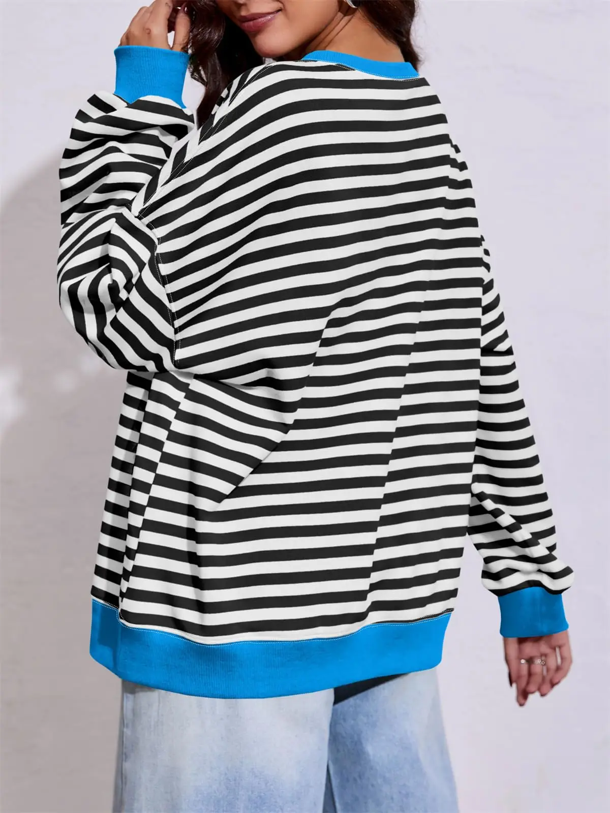 Fisoew Womens Striped Oversized Sweatshirt Color Block Crew Neck Long Sleeve Shirt Casual Loose Pullover Top Y2K Clothes
