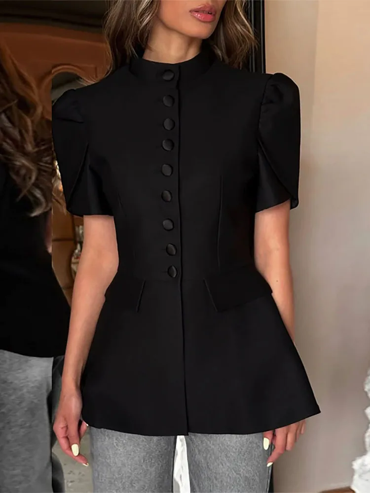 Women Elegant Single-breasted Slimming Tops 2025 Casual Short Sleeve Solid Color Shirt Fashion Stand-up Collar Commuting Blouse