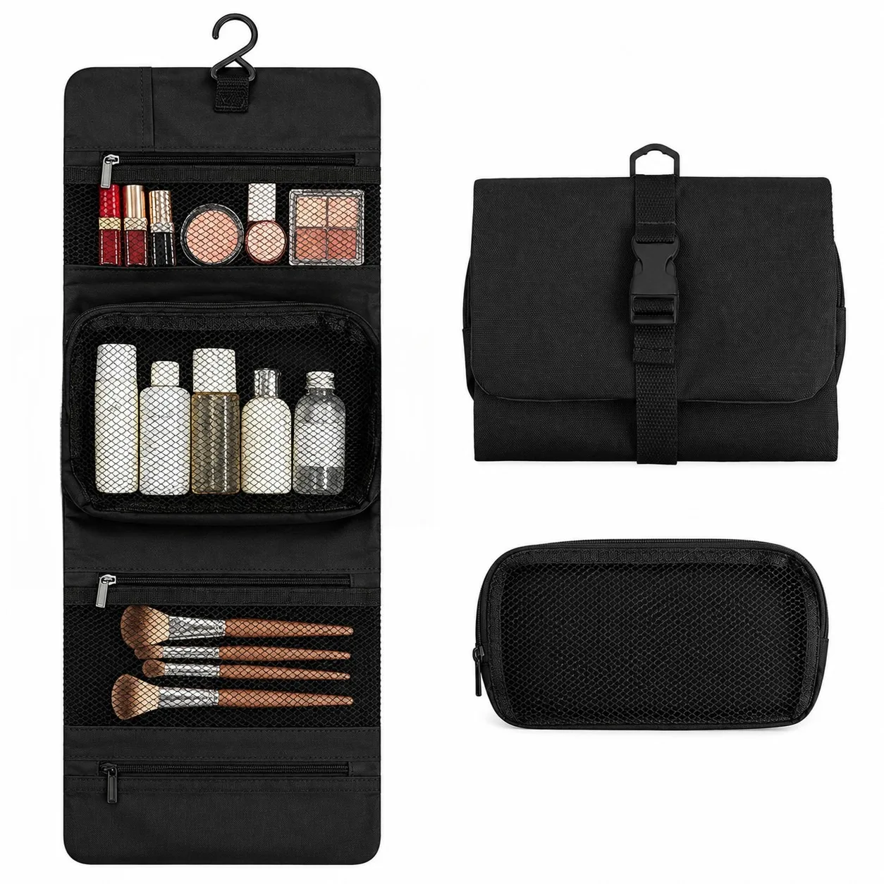 Portable Hanging Travel Makeup Bag with Detachable Mesh Pocket, Foldable Hook Design for Toiletries Storage Box