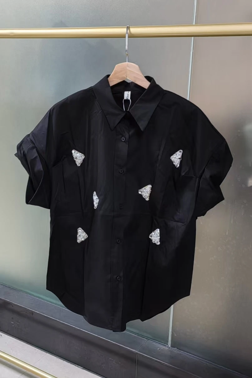 

Real Photo Embroidered Flares Cotton Shirts Blouses For Women 2025 Summer Short Sleeve Elegant Black Tops Camisas Woman Clothes