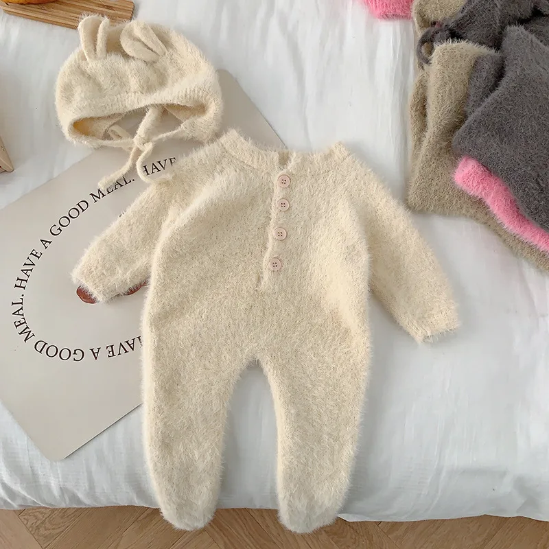 2024 Winter Nieuw in Kinderen Baby Meisjes Jongens Effen Kleur Nertsen Bont Outfits, peuter Baby Voetbindende Jumpsuits Pasgeboren Romper + Hoed