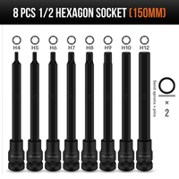 Hi-Spec 150MM 8PC Hexagon Socket Sets H4-H12 S2 Hexagon  Wrench Length Adapter 1/2 CR-MO  Screwdriver Bits Set With Magnetic