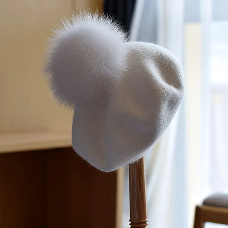 

Ladies Real Fox Fur Ball Wool Beret Cap Fashion Retro Autumn Winter Detachable Painter Hat Pumpkin Hat