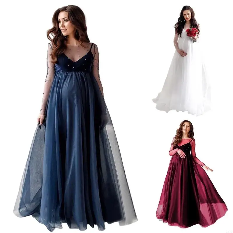 XXFE Fashionable Mesh Insert Maternity Dress In Acrylic Loose Fit Pregnancy Gown For Photoshoots And Party Wear view 2