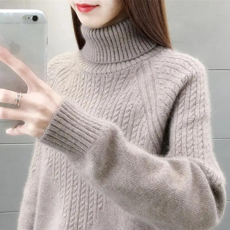 

Turtleneck Sweater Women Loose 2024 New Autumn and Winter Thick Jacquard Pullover Solid Sweater Knitted Bottoming Shirt LJ524