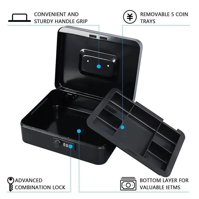 2 Layers Portable Money Box, Metal Cashier Safe Boxes, Key Password Lock, Coins Change Storage Secure Safe Deposit Box for Adult