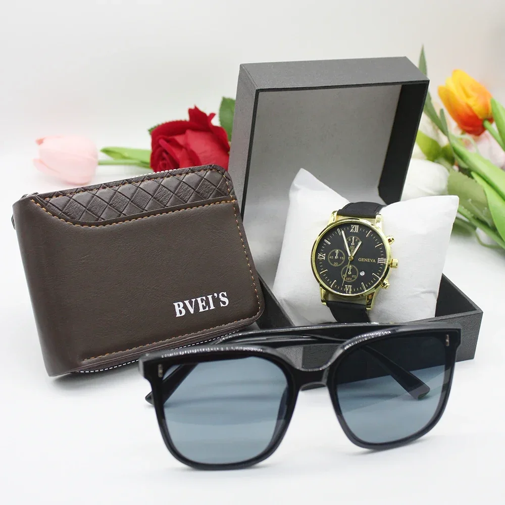 محفظة جلدية للرجال وحقيبة ساعة ، حقيبة مصمم ماركة فاخرة ، تشمل صندوق سوار لرياضة العمل ، 4 طقم