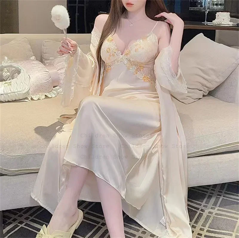 

Luxury Vestidos De Novia Lady Long Nightdress Sexy Lingerie Homewear Women Satin Robe Suit Loose Kimono Gown Bathrobe Loungewear