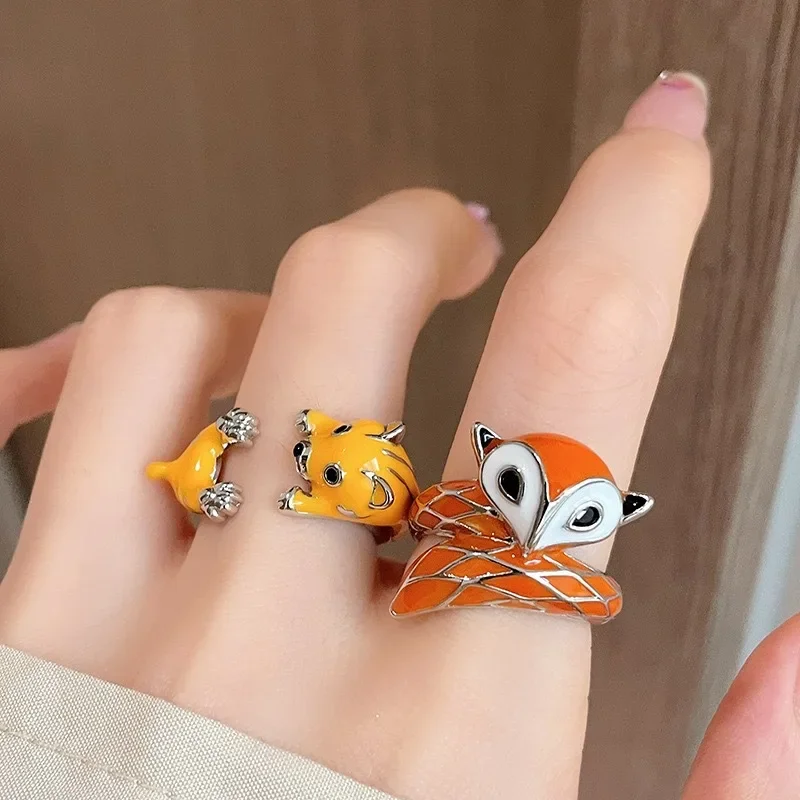 Bohemia Cute Red Enamel Cartoon Fox Opening Couple Rings for Women Charm Design Animal Dog Finger Jewelry Accessories Party Gift