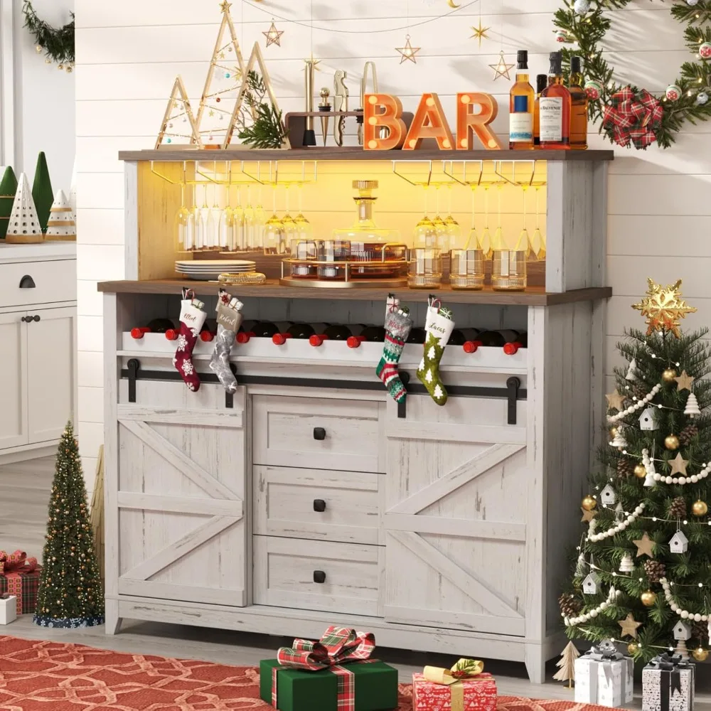 

Farmhouse Wine Bar Cabinet with Sliding Bar Door and Led Lights, Sideboard with 2 Layers Tabletops, Wine and Glass Racks