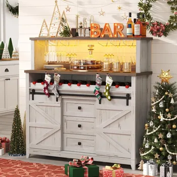 농가 와인 바 캐비닛, 슬라이딩 바 문짝 및 Led 조명, 사이드 보드, 2 레이어 탁상, 와인 및 유리 랙