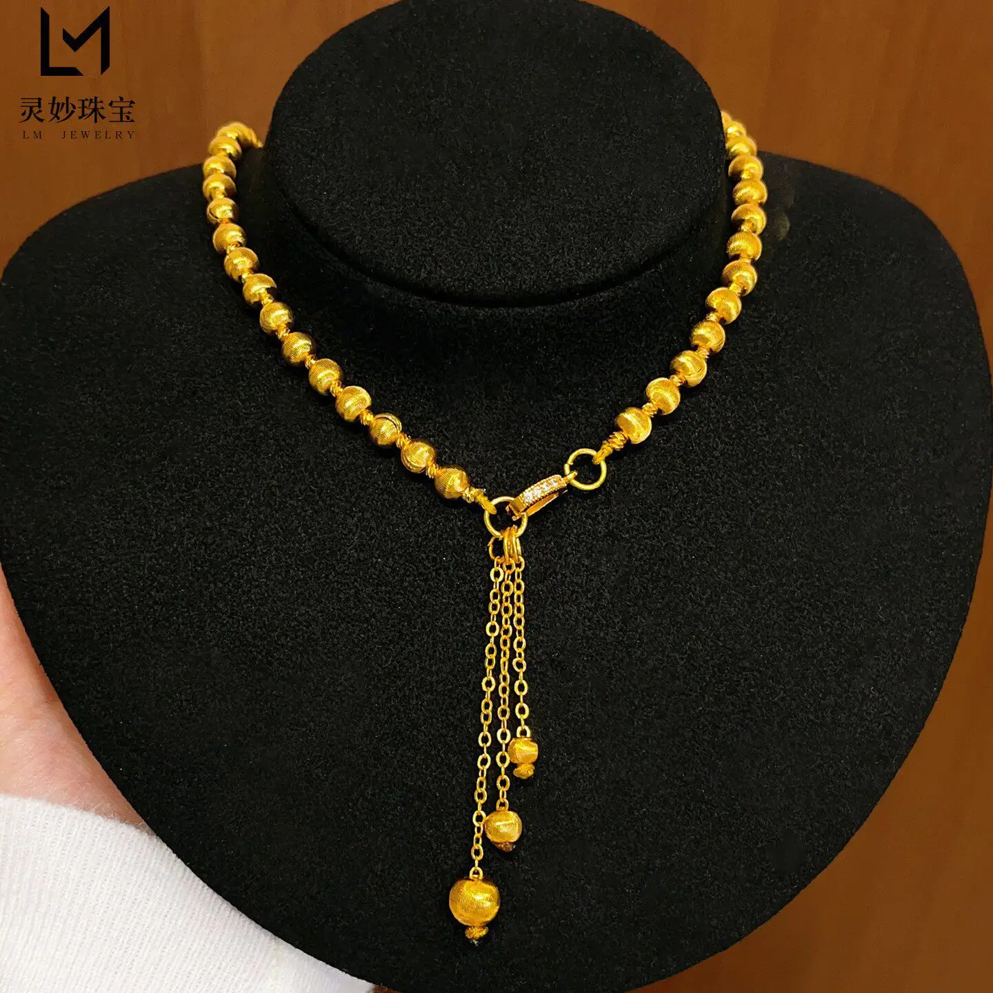 Gentle Commute Diamond Wire Drawing Cat Eye Tassel Necklace For Women 24K Gold AU999, ideal match for office daily outfits