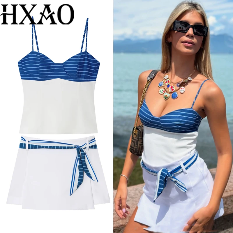

HXAO Stripe Knotted Women's Skirt Shorts 2 Piece Set Patchwork Slip Crop Top Women Asymmetry Mini Skirt Set Of Two Pieces Woman