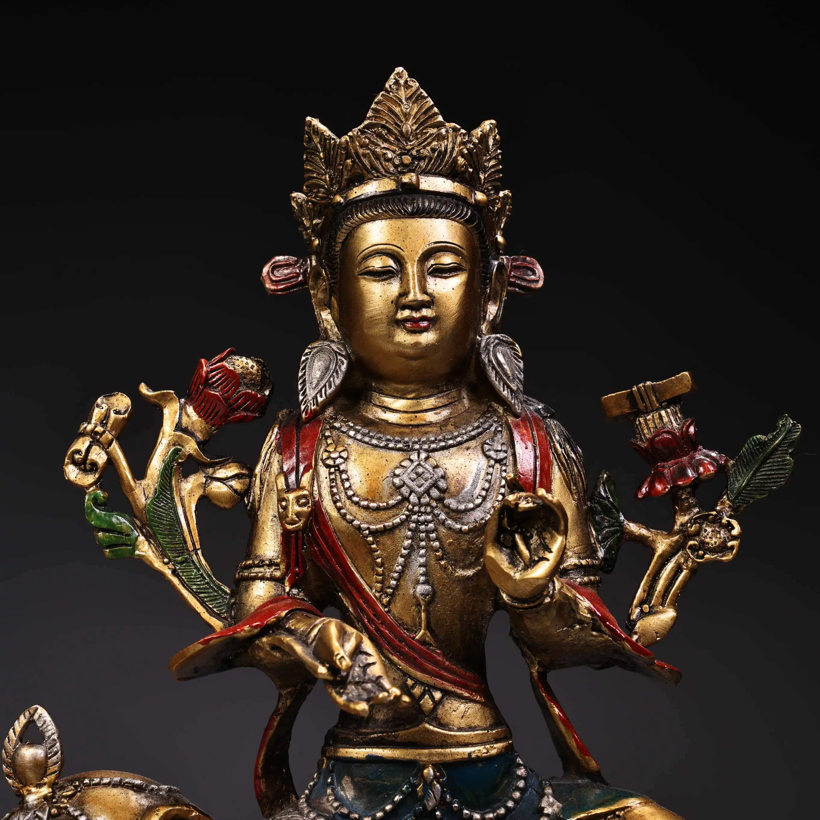 Tibetan Tantric Pure Copper Painted Manjushri Samantabhadra Buddha Statue Home Altar Decor