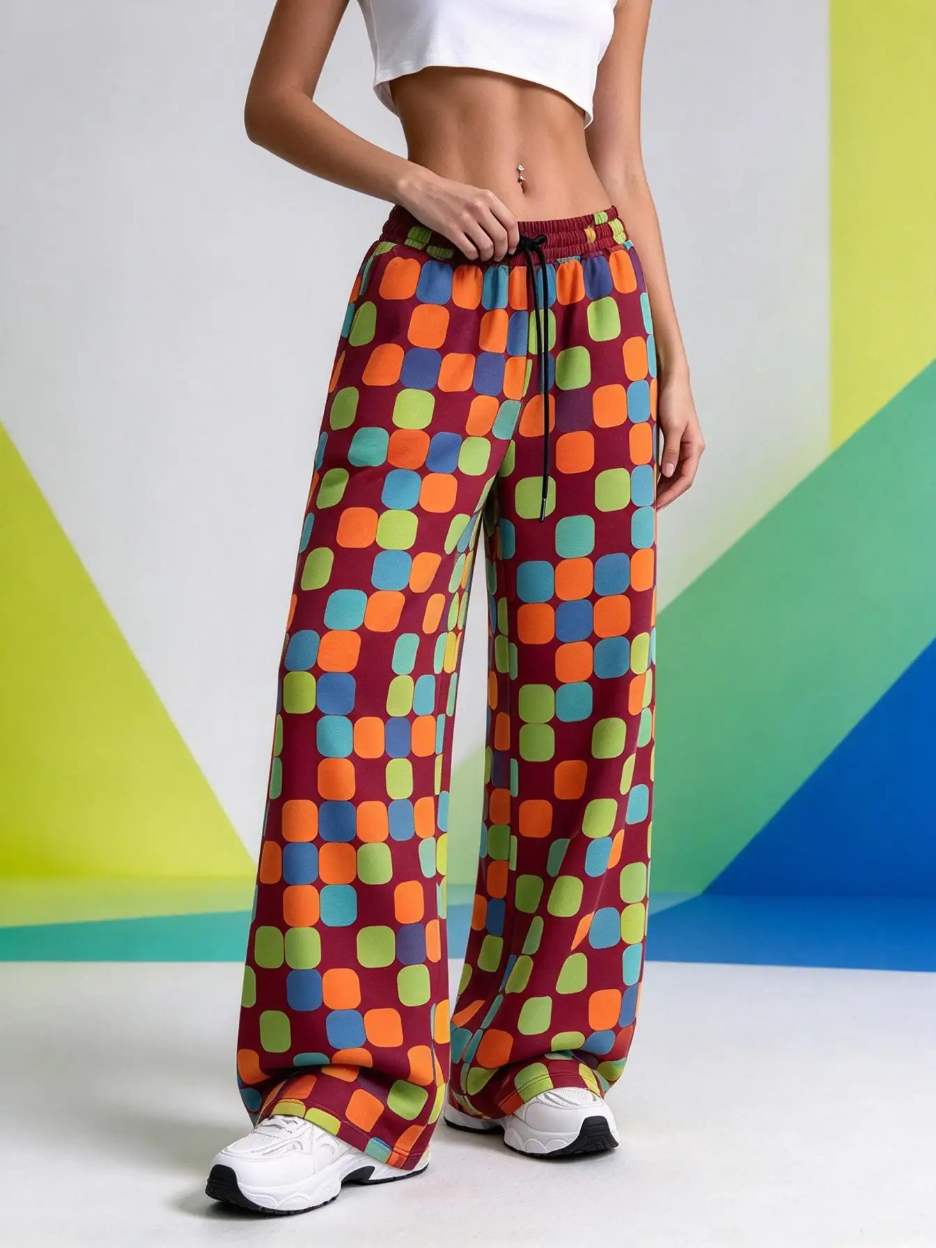 Women Low Waist Wide Leg Sweatpants Colorful Checkered All Over Print Elastic Drawstring Casual Trousers With Pockets