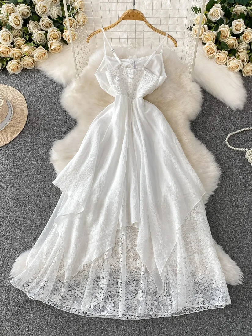 Foamlina Fairy Dress Womens White V Neck Strappy Sundress Ethereal Unique Maxi Dress Asymmetrical Hem Vintage Dress