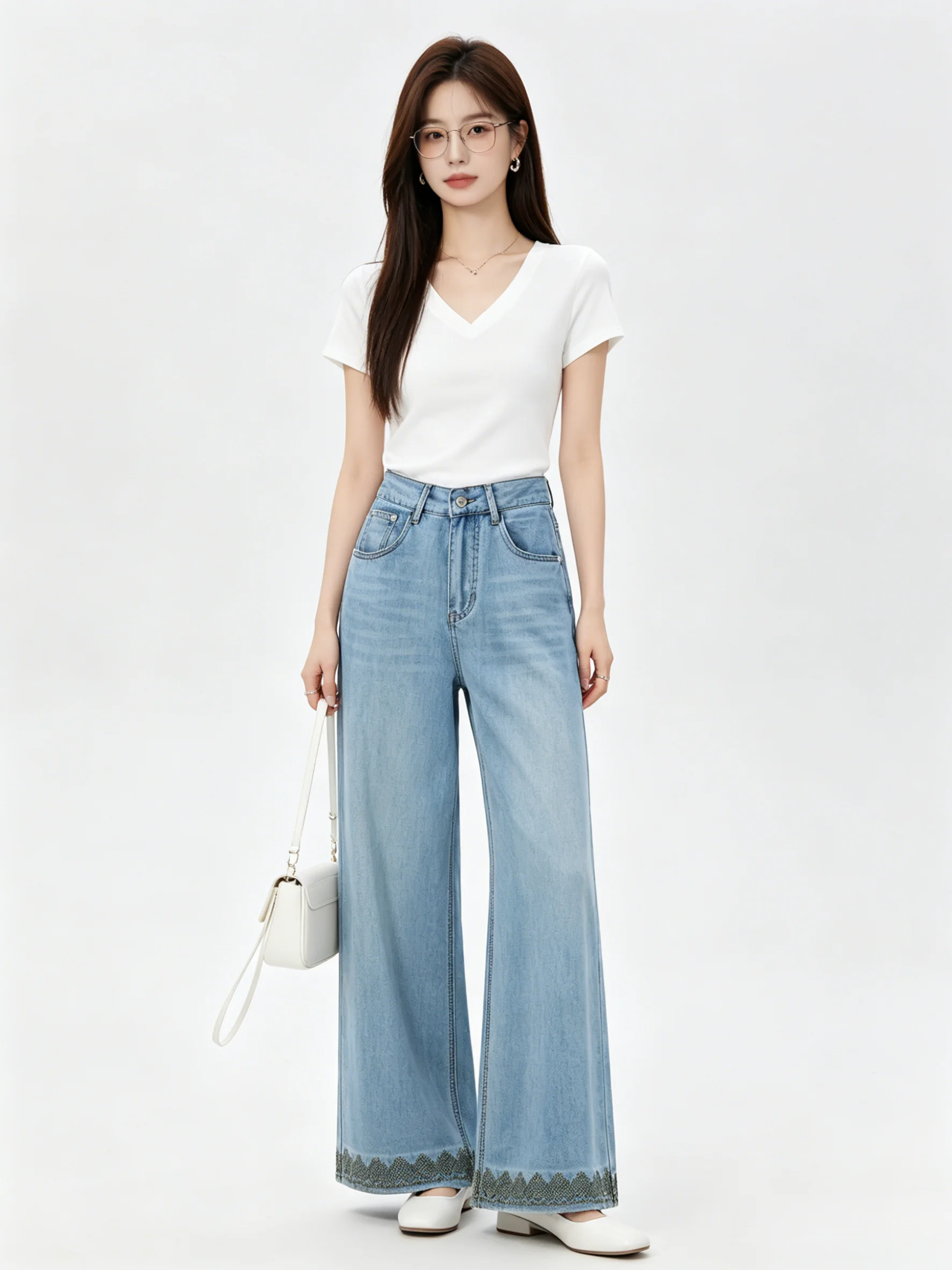 

Soft Cotton Wide Leg Jeans Women's High Waist Trousers Spring Summer Loose Slimming Drapey Long Pants Simple Style
