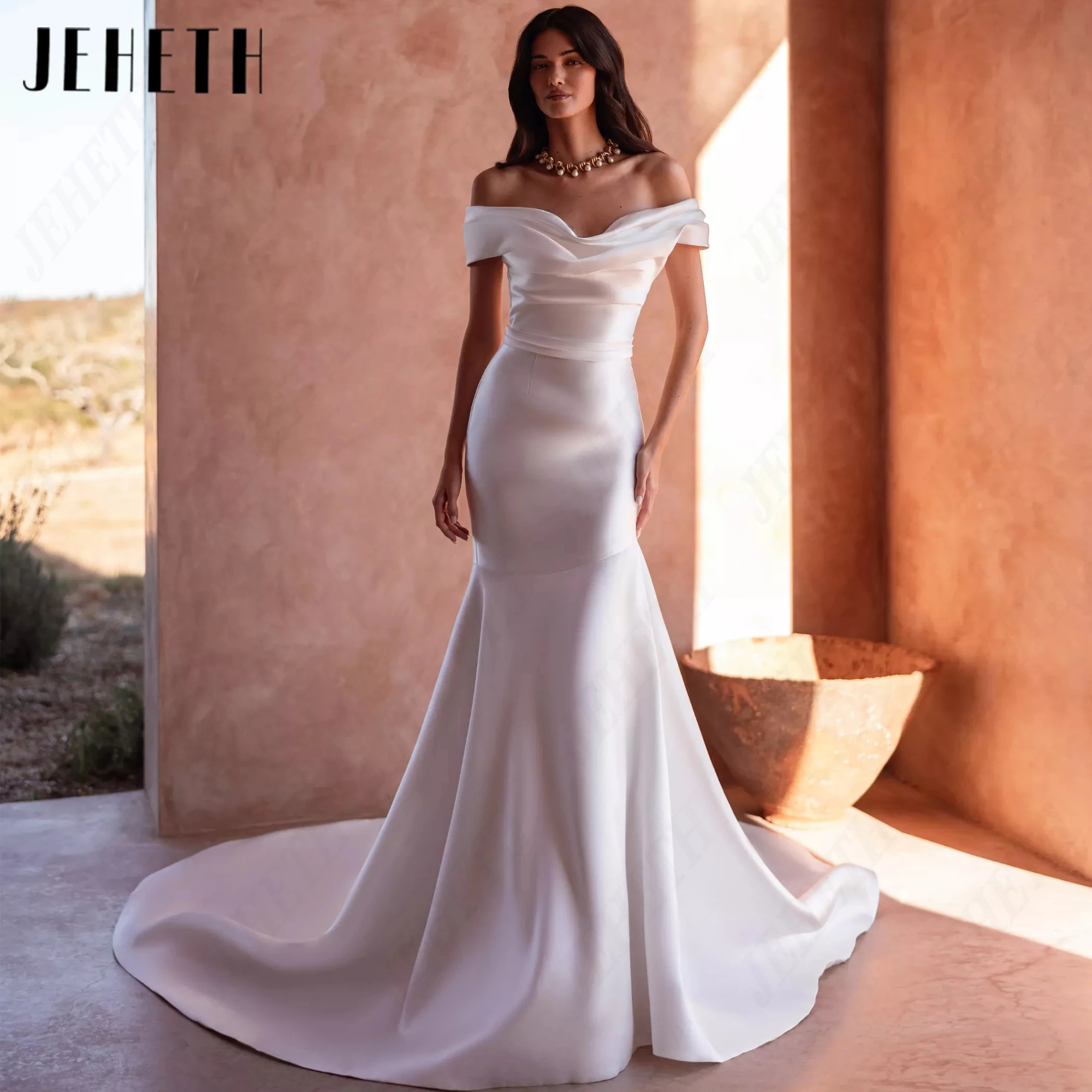 JEHETH Off‑the‑Shoulder Elegant Satin Wedding Dress Mermaid Personalized Bridal Gown High Waist Court Train Bride Dresses