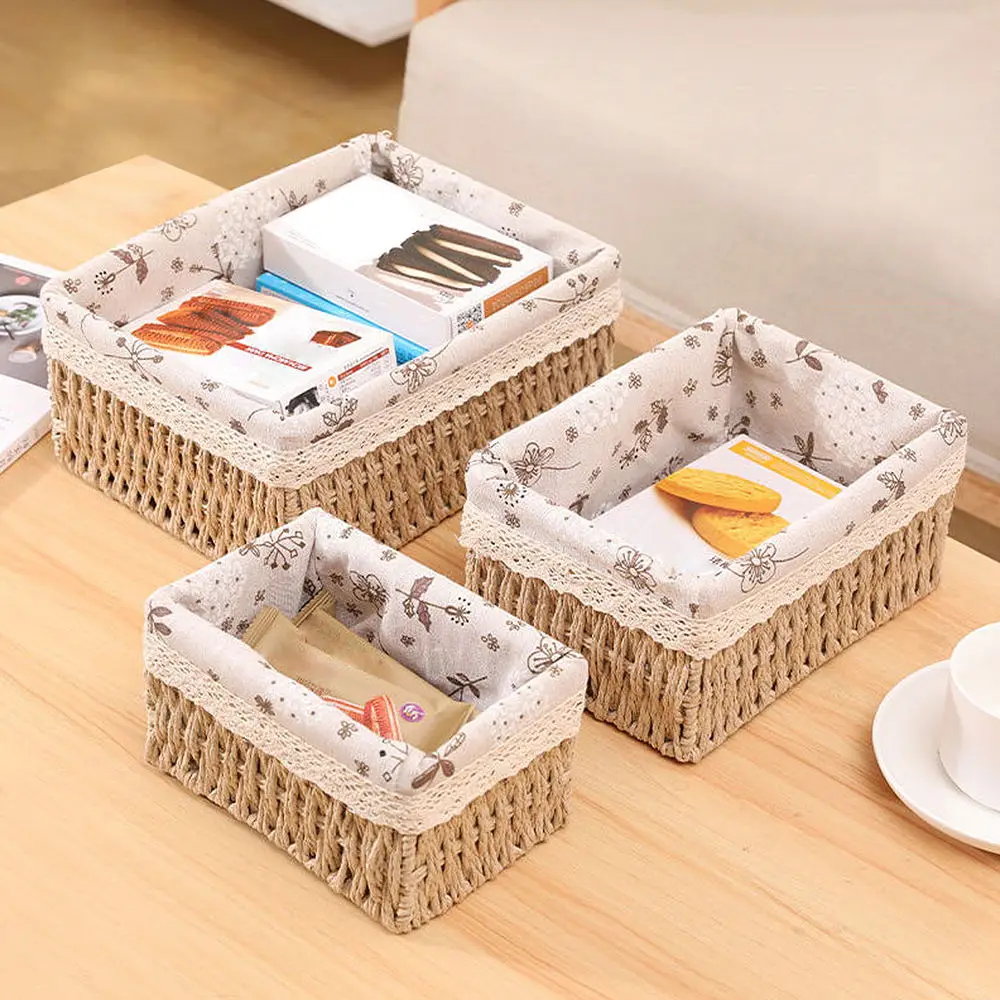 Handwoven Storage Box Rattan Storage Baskets with Lid Wicker Desktop Sundries Cosmetics Organizer Clothes Snack Toys Storage Box