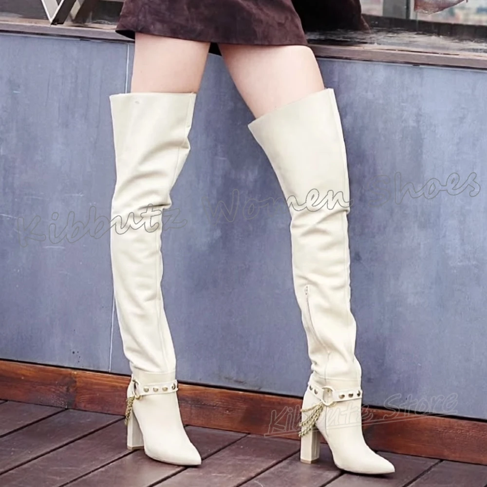 Boots Above The Knee Metal Decor Chain Leather Spicy Sexy Girls Fashion Novelty Concise Solid Color Side Zipper Shoes New Heels
