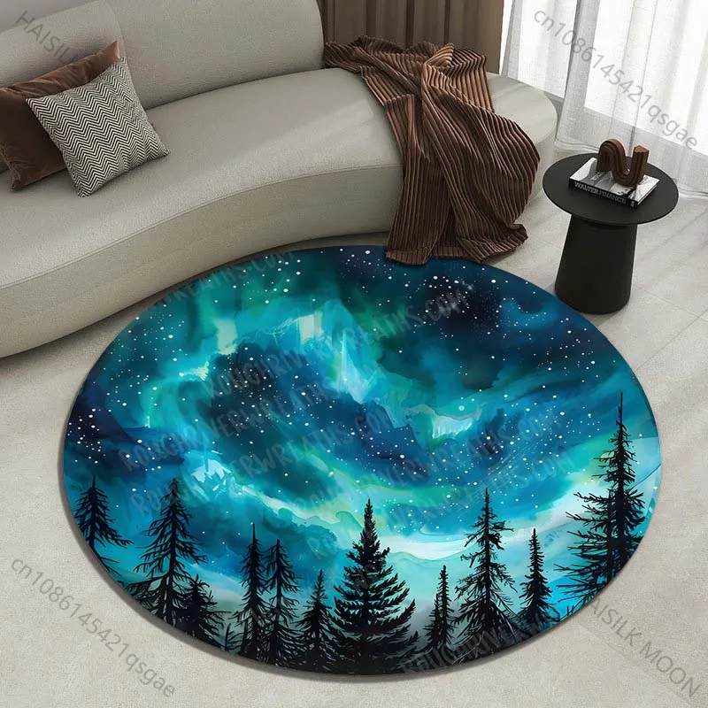 Stunning aurora over a serene forest night sky Printed round carpet living room sofa table large pet mat soft round carpet