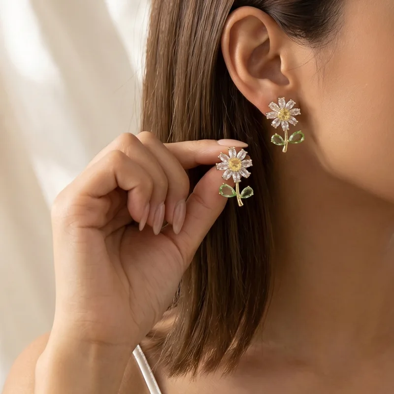 Versatile high-end flash diamond niche design light luxury flower zircon stud flower fashion temperament stud earrings women