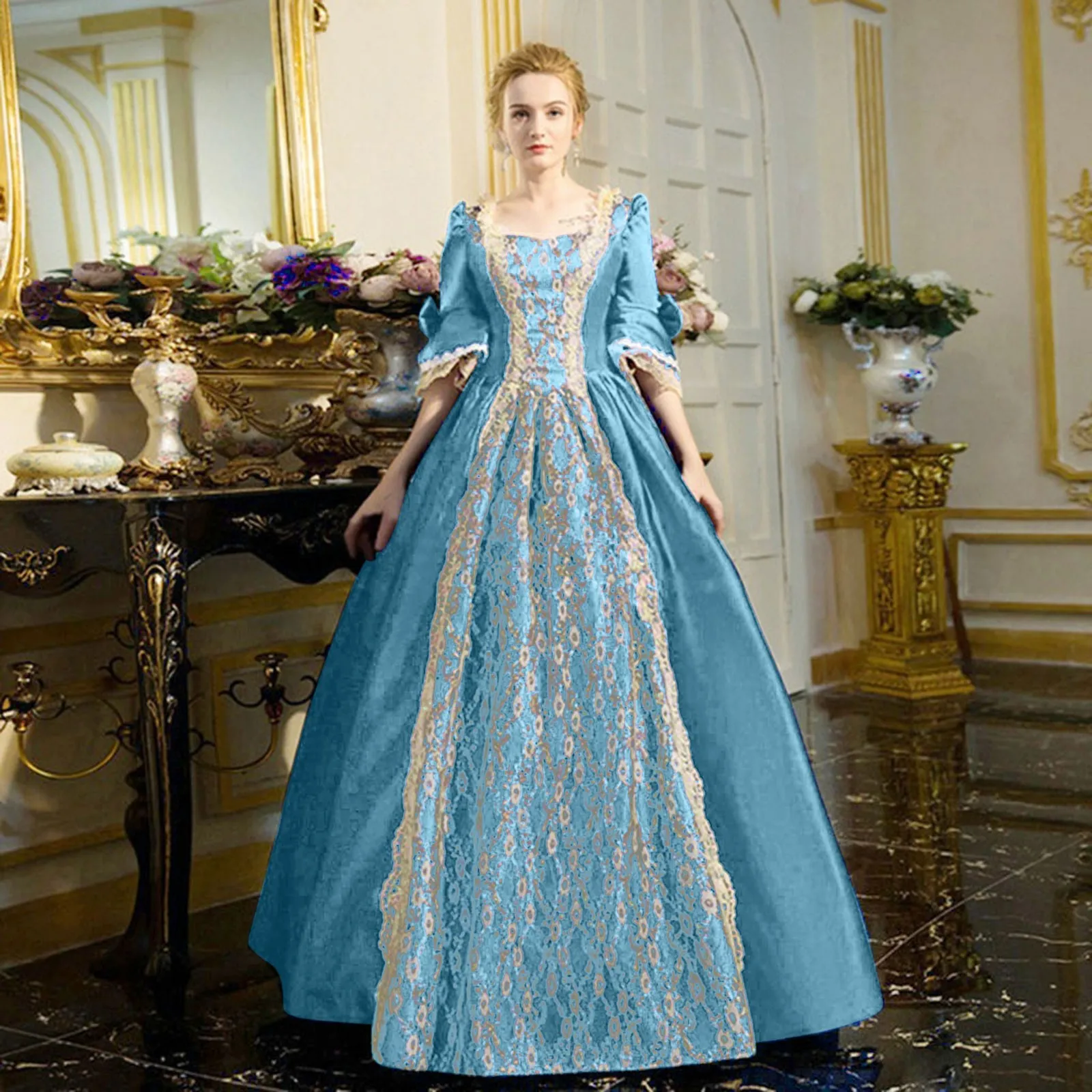 18th Century Medieval Dress Women High Waist Half Sleeve Ball Gown Princess  Lace Patchwork Satin Dress Queen Renaissance Costume