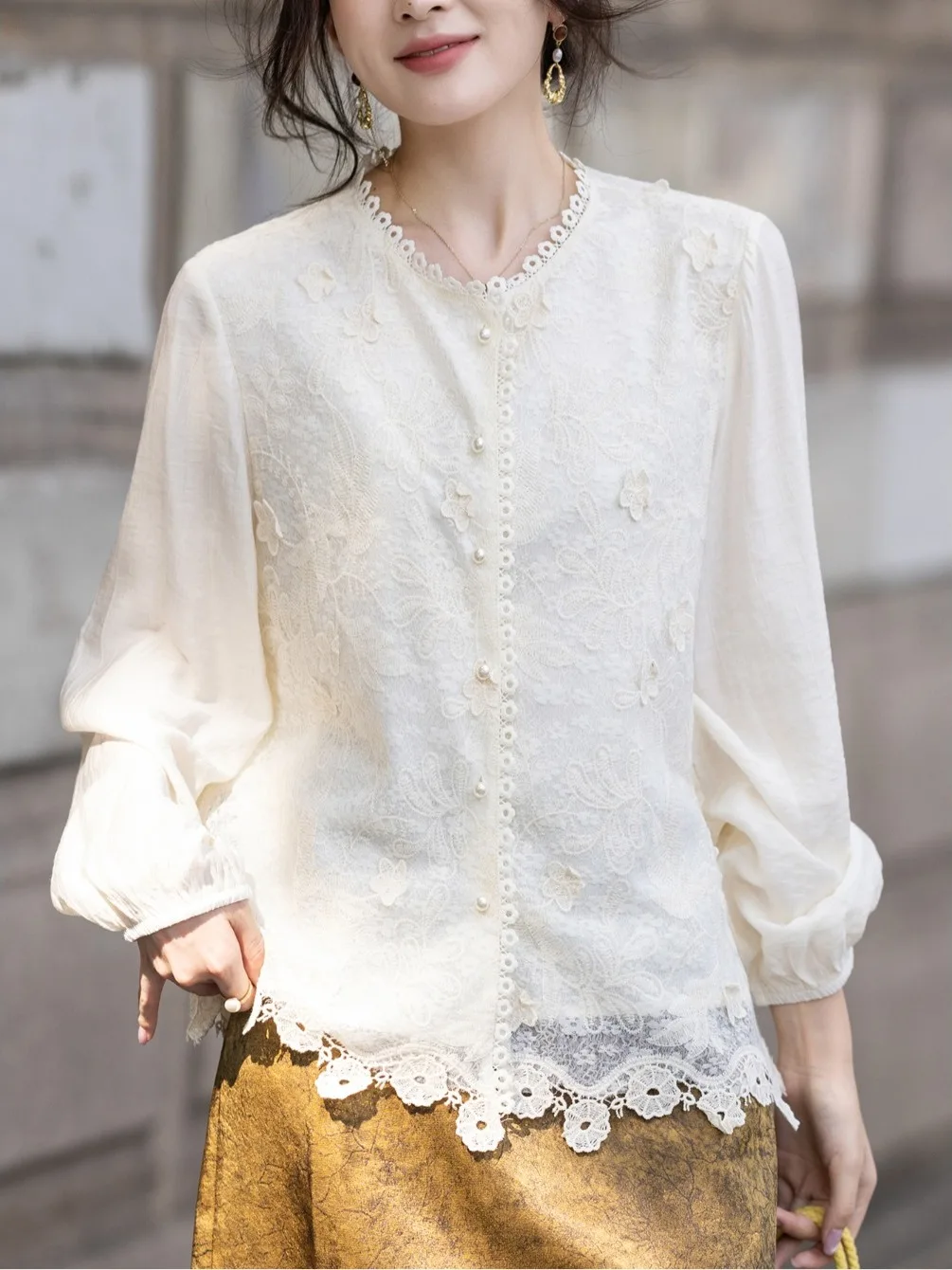 

Ele Sle, кружевная основа с вышивкой irt, женский модный осенний сезон, дышащий длинный топ из полиэфирного волокна, свободный крой