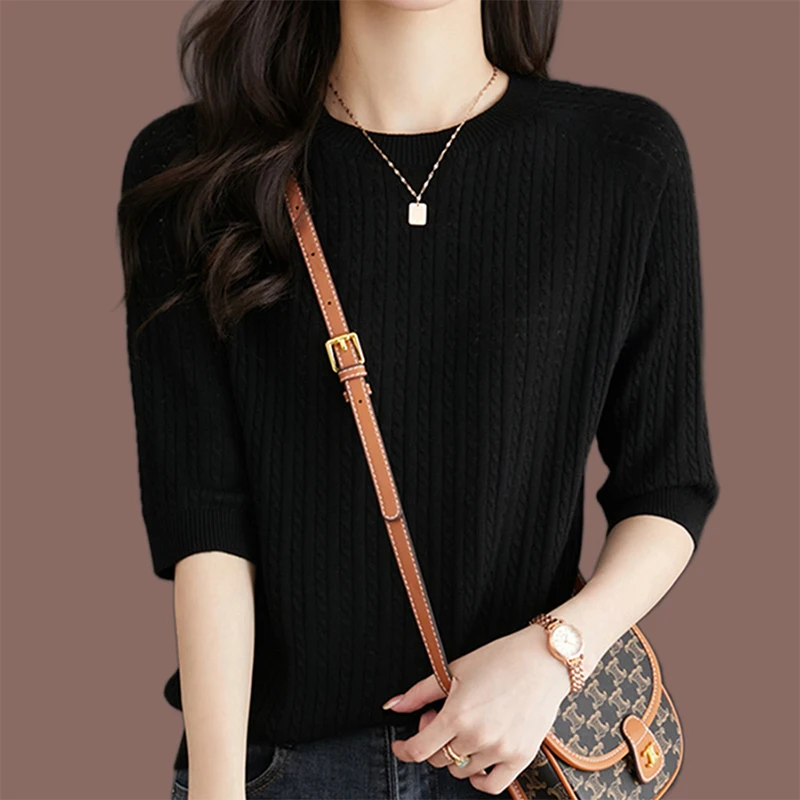 Spring Summer Round Neck Solid Simple 3/4 Sleeve Sweaters Ladies Loose Casual Fashion All-match Pullover Top Women Jumper Tee