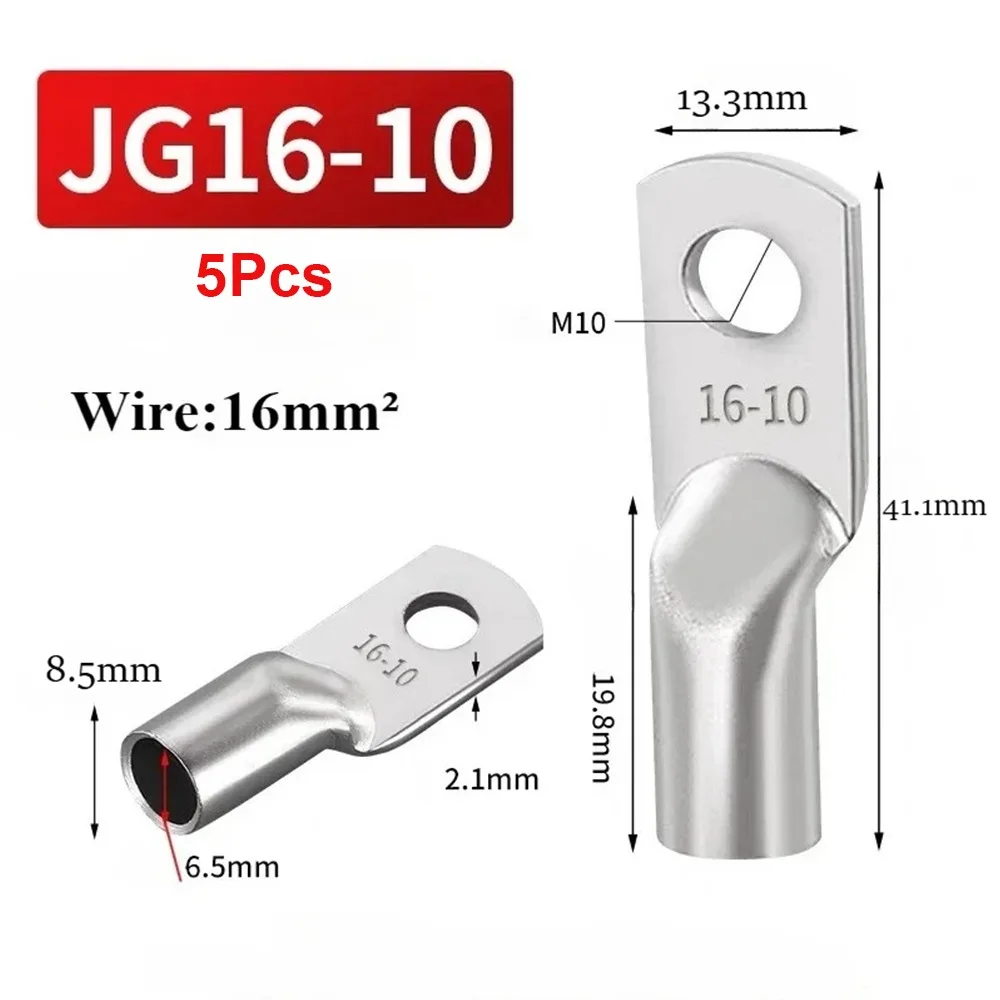 5Pcs JG Series Tinned Copper Cable Lug 14-2AWG 6/10/16/25mm2 Battery Cable Terminal M6/M8/M10/M12 Solid Connector