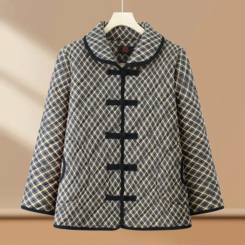Middle Aged Women Chinese Frog Button Plaid Quilted Coat Fleece Lined Warm Thick Winter Cotton Jacket