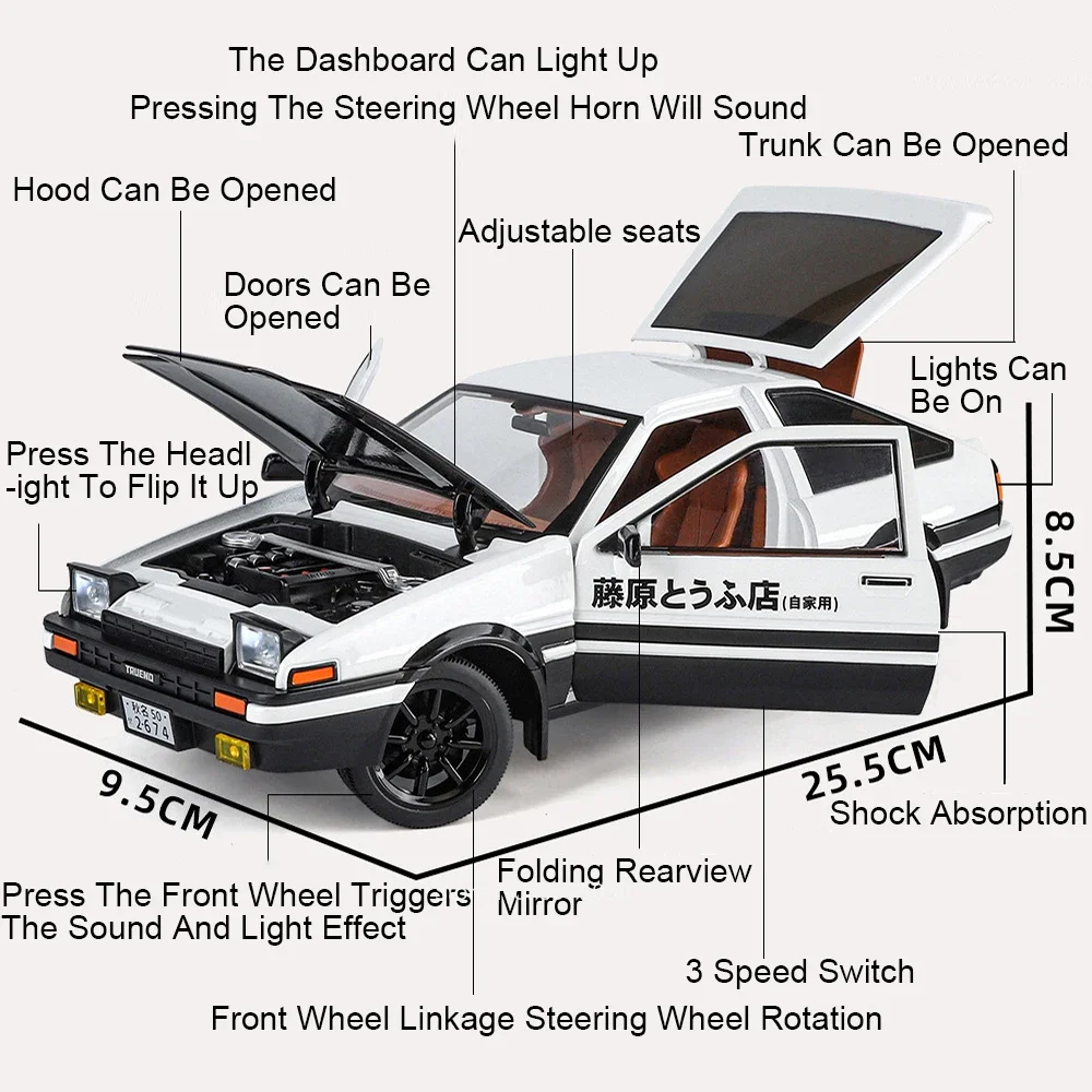 1:18 Toyota AE86 Toys Alloy Cars Diecast Models 4 Doors Opened Vehicle with Light Music Wheel Steering Car for Child Adult Gifts