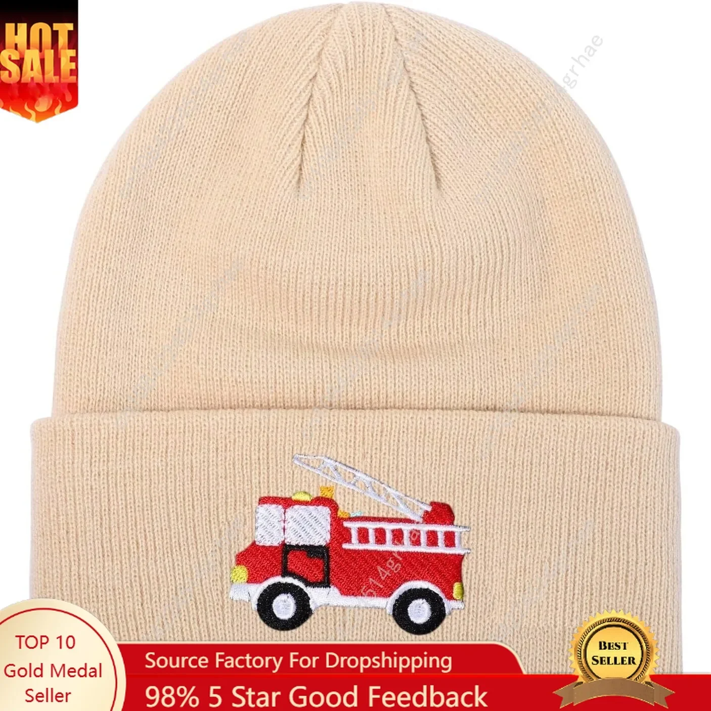 

Knit Beanie Cute Fire Trucks Embroidery Warm Cuffed Skull Caps Classic Autumn Winter Hats for Boys Girls 3-8 Years