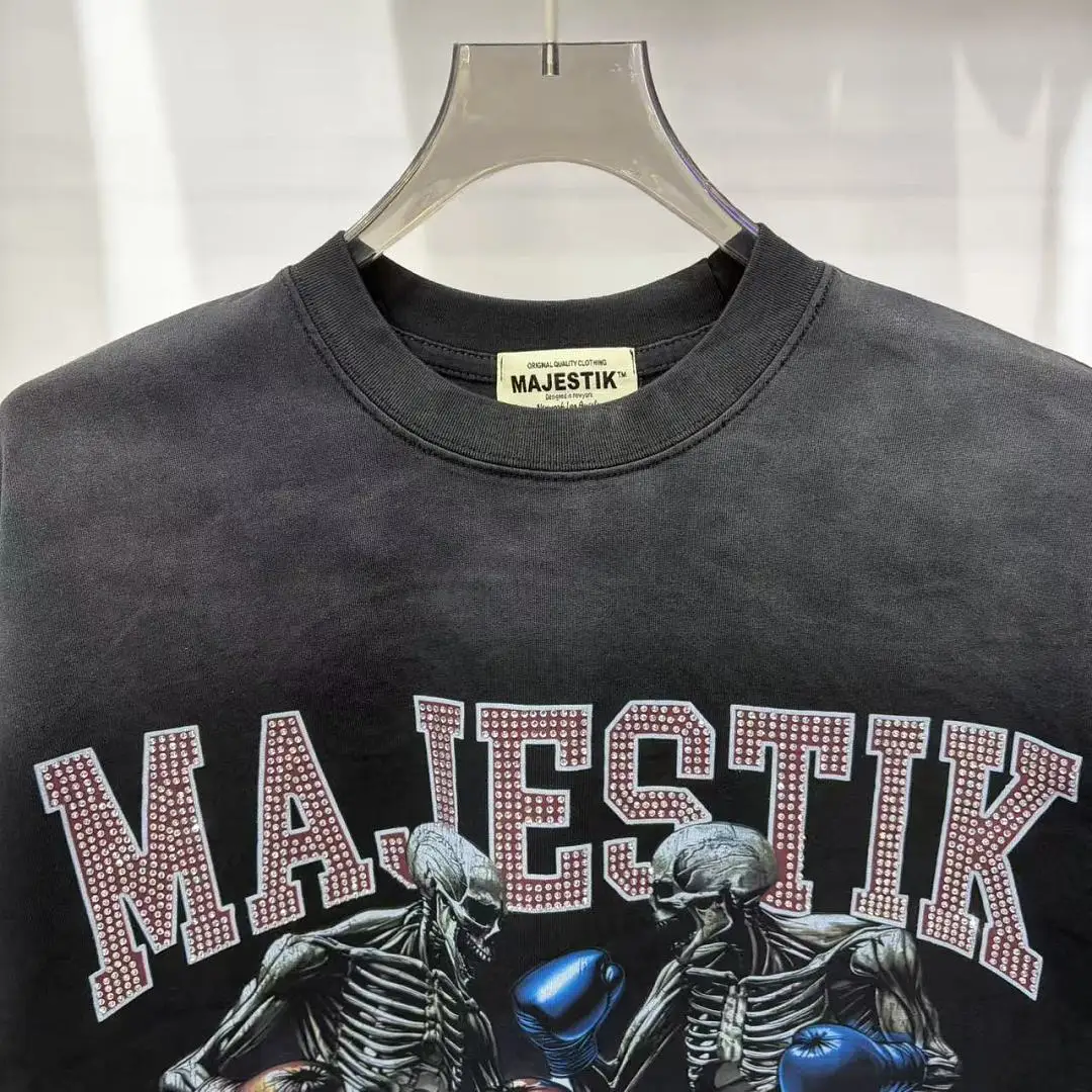 Majestik Rhinestone Boxing Skeleton T-Shirt Men Y2K Vintage Washed Oversized Streetwear Hip Hop Oil Painting Short Sleeve Tees