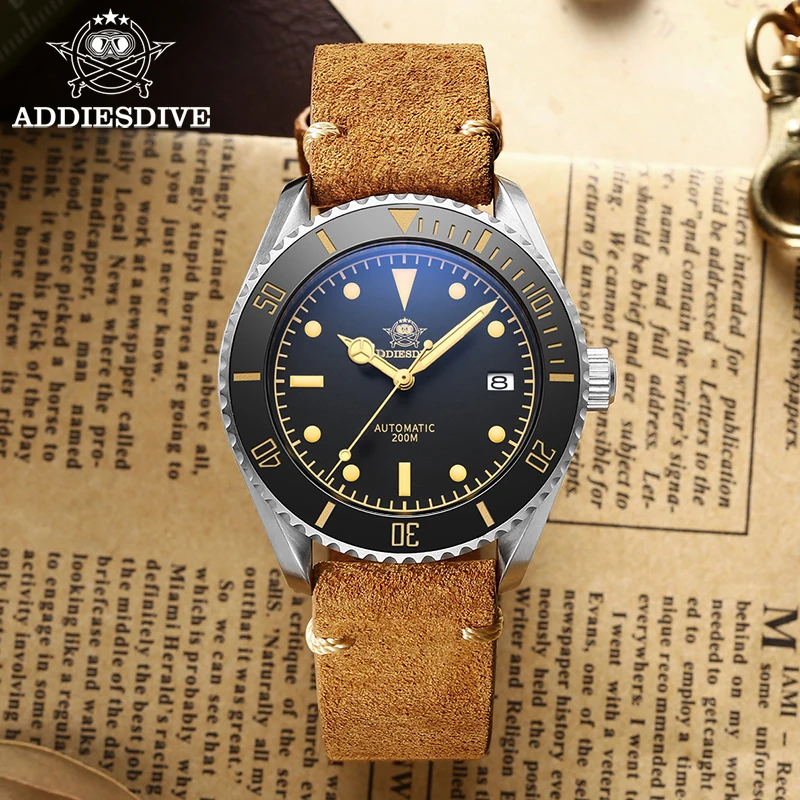 ADDIESDIVE Men Watch Business Vintage Leather C3 Super Luminous 20Bar Waterproof Sapphire Glass Automatic Mechanical Steel Watch