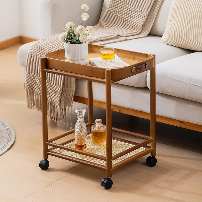 Portable Mobile Rattan Storage Side Table, Detachable 2-Piece Tea Coffee Table, Light Luxury Shelf for Living Room, Small Space
