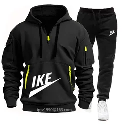 2024 Spring and autumn men's new multi-pocket zipper hoodie + leisure sports pants two-piece winter sports jogging suit