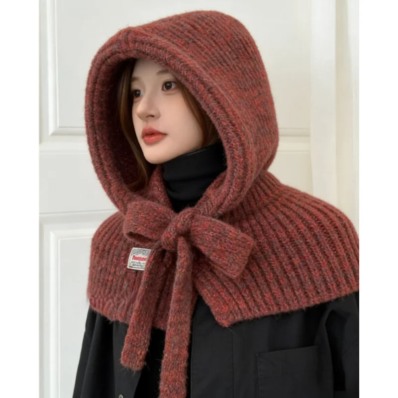

Women BigSize Wool Knitted Balaclava Cap with Scarf Autumn Winter Korean Warm Bomber Hat Windproof Coldproof Unisex Pullover Cap