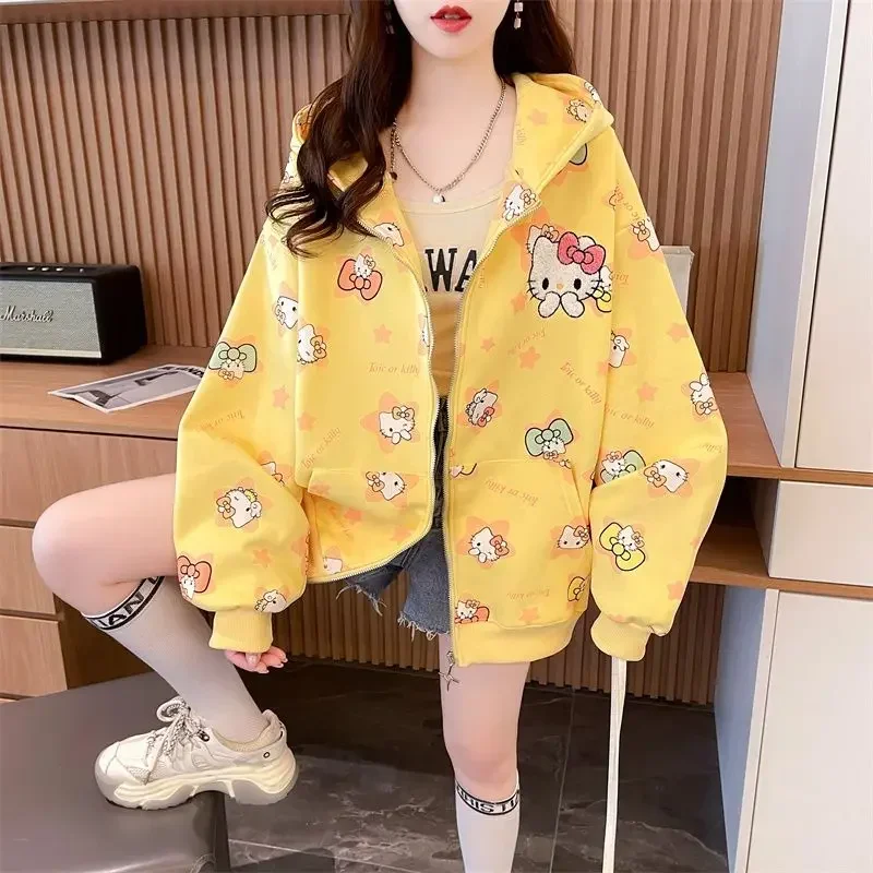 

Hello Kitty Anime Kawaii Sanrio Ins Long Sleeve Hooded Coat Cute Sweet Embroidery Hello Kitty Zipper Jacket Gifts for Girls