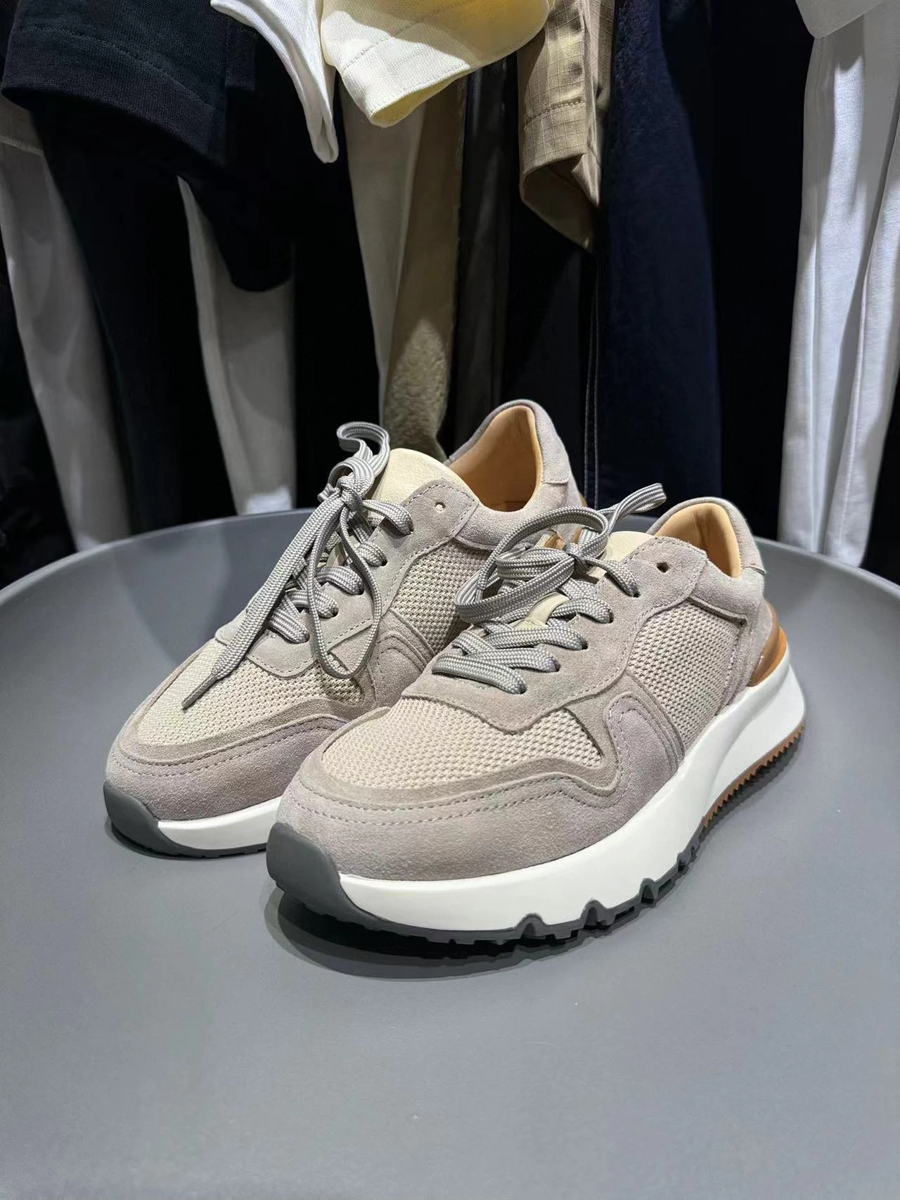 Italian first-layer cowhide mesh breathable lace-up thick-soled comfortable leather casual running shoes sports casual shoes