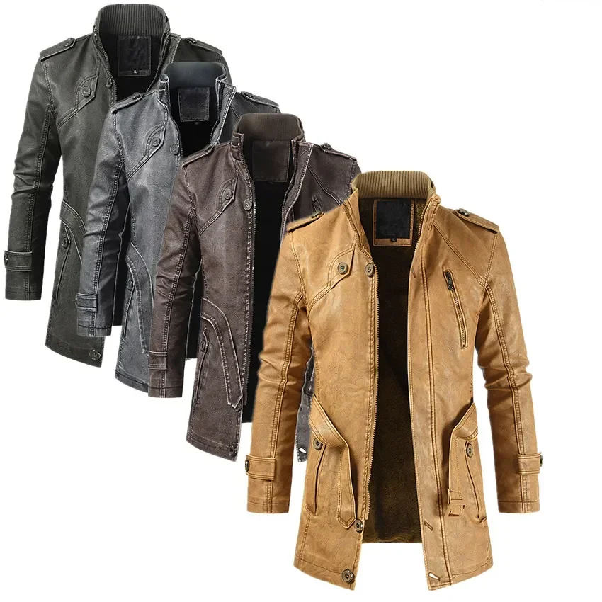 

Men's Thick Fleece Winter Leather Jacket Coat Long Outwear Fashion Warm Casual Vintage Clothing for Men Steampunk Biker Jaqueta