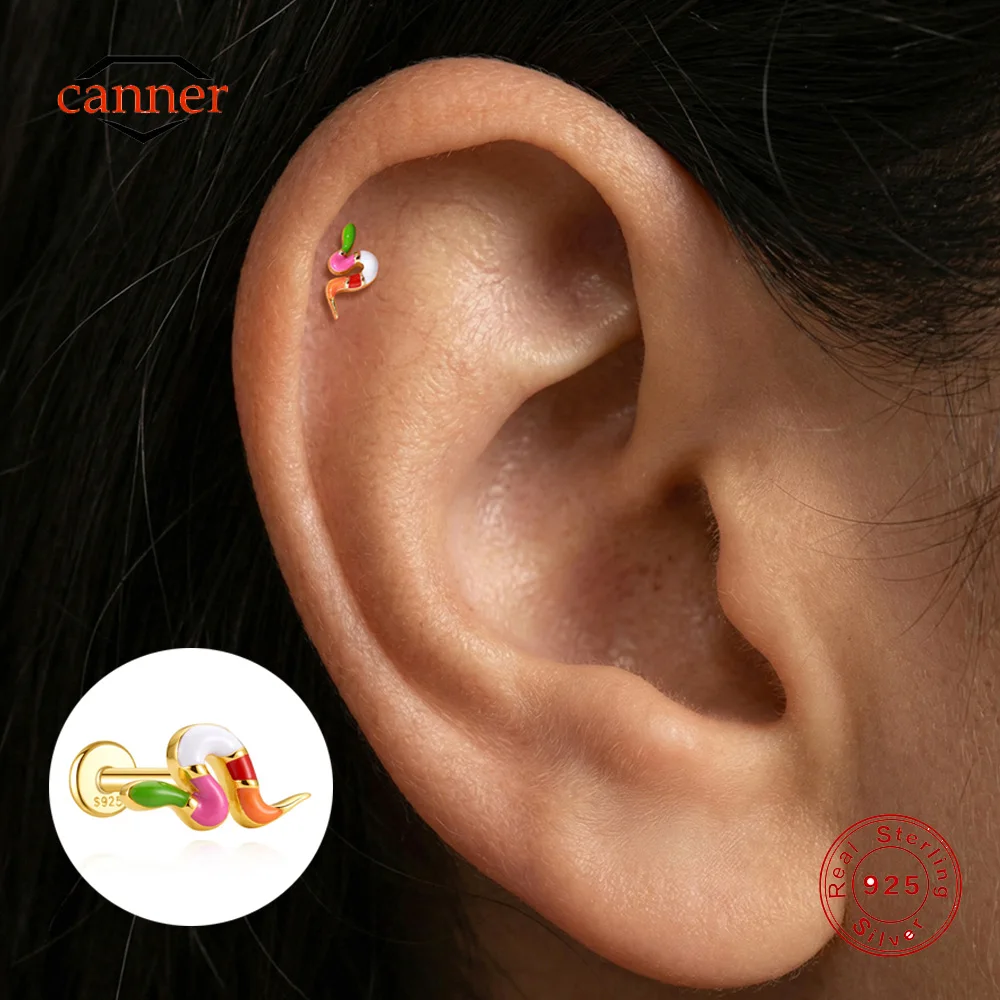 CANNER 1PC 925 Sterling Silver Snake Colored Drop Oil Threaded Flat Head Piercing Ear Bone Nail For Women Cute Animal Earring