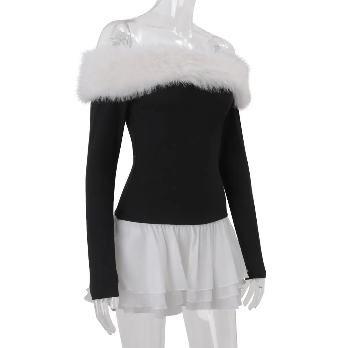 

Christmas and New Year Contrasting Color One-word Shoulder Dress Women's Early Autumn Senior Thin Party Party A-word Short Skirt