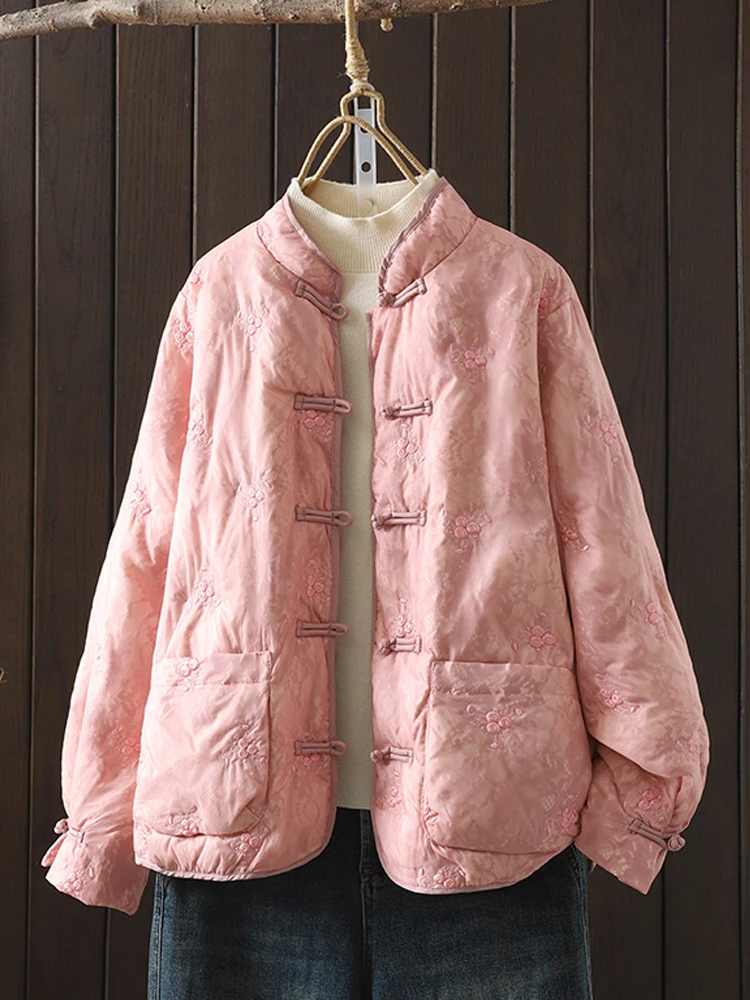 

Vintage Chinese Style Women Short Parkas 2025 New Autumn Winter Office Lady Embroidery Buttons Quilted Outerwear Coat