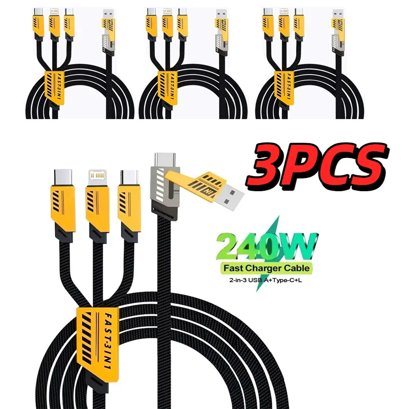 1/2/3PCS Multi Charging Cable 3 In 2 Port Fast Charge Cord Compatible Type-C Micro USB Mobile Phones